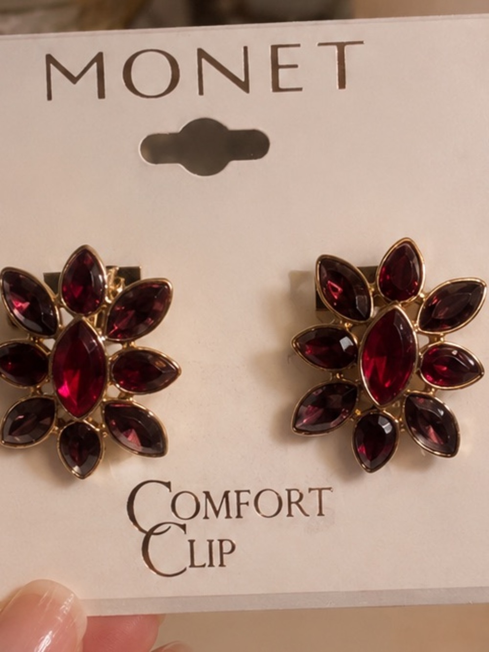 NWT Vintage Monet Red Rhinestone Marquise Cluster Comfort Clip On Earrings - Picture 2 of 2